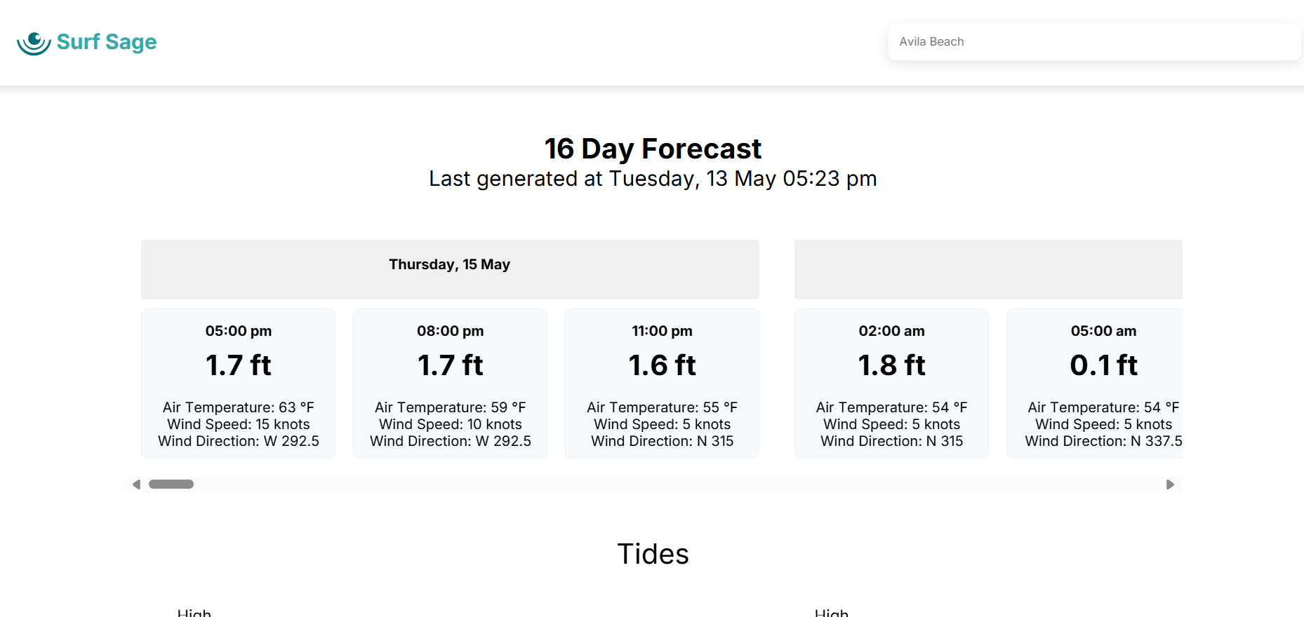 Close up of the 16 day forecast table
