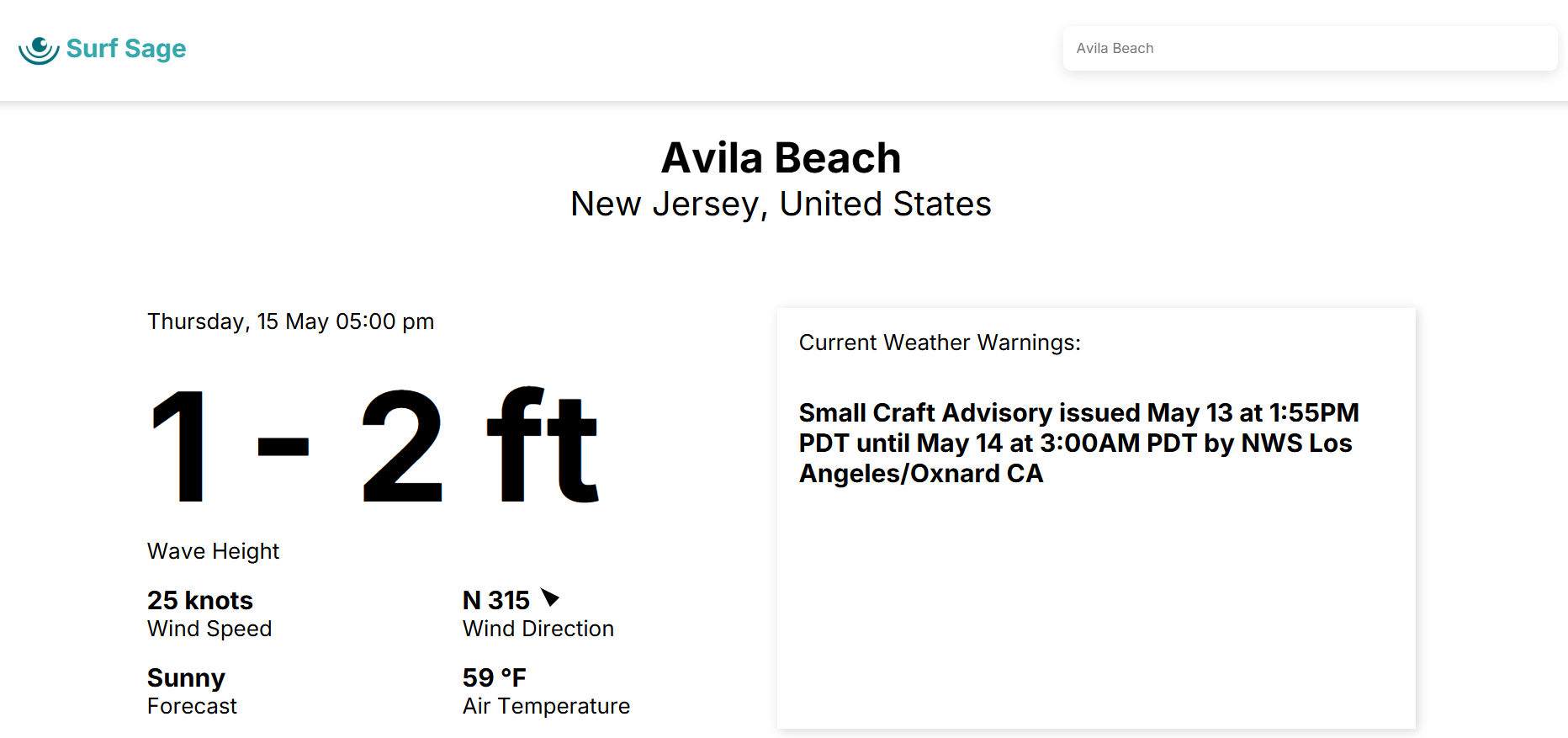 Waves forecast page for selected location showing wave and weather data