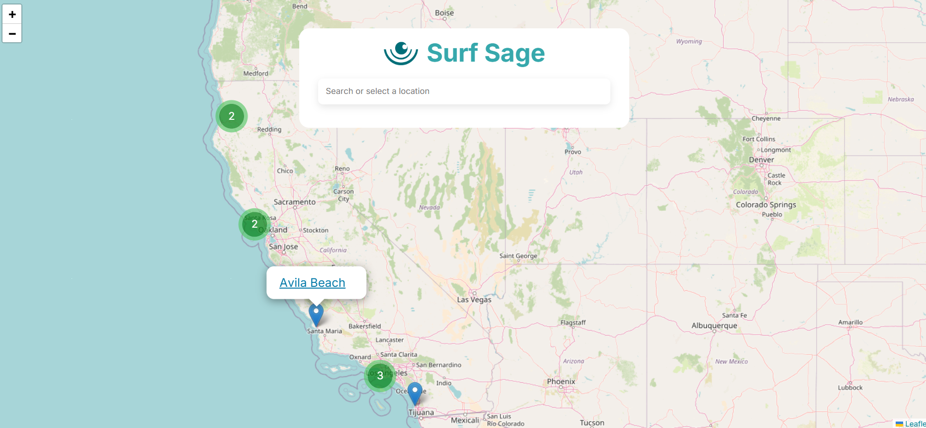 Waves forecast home page zoomed in on location